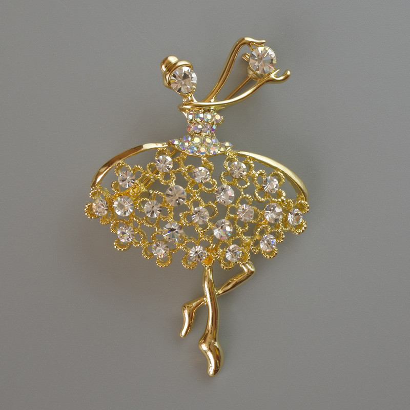 Brooch 'Ballerina' with white and pink crystals, gold-tone metal 39×54 mm