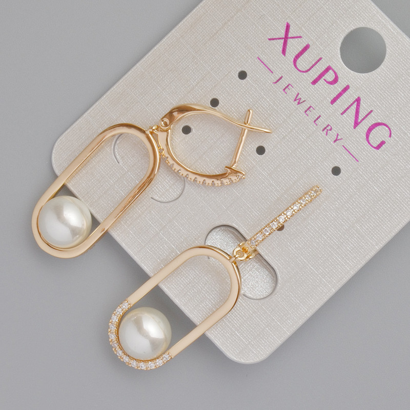 Xuping Earrings with Mallorca Pearl and White Crystals, Diameter 24x11 mm +/-, Length 40 mm +/-, 18K Gold Plating