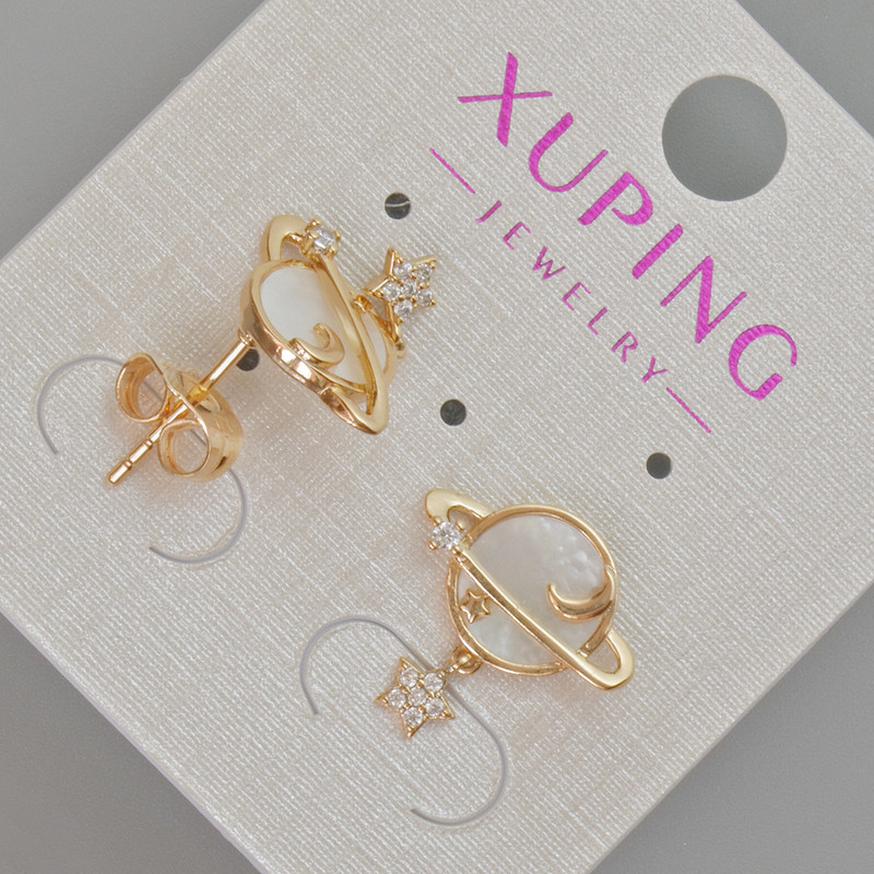 Xuping "Saturn" Stud Earrings with White Mother-of-Pearl and Crystals, diameter 15.5 x 15 mm ± 18K Gold Plating