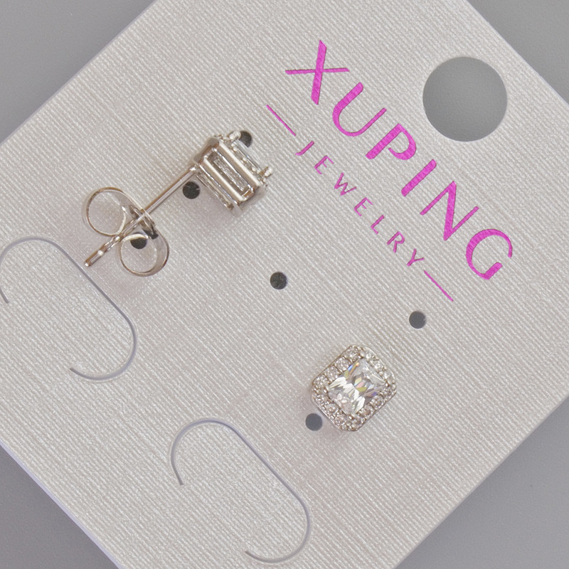 Xuping Stud Earrings with White Crystal and Rhinestones, Diameter 6.5 x 5.5 mm — Rhodium