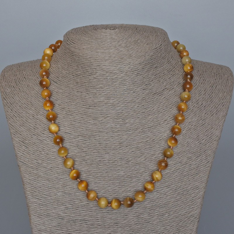 Yellow Cat's Eye Bead Necklace, Natural Stone, Smooth Beads, 8.5 mm Diameter, 45 cm Length, with Clasp