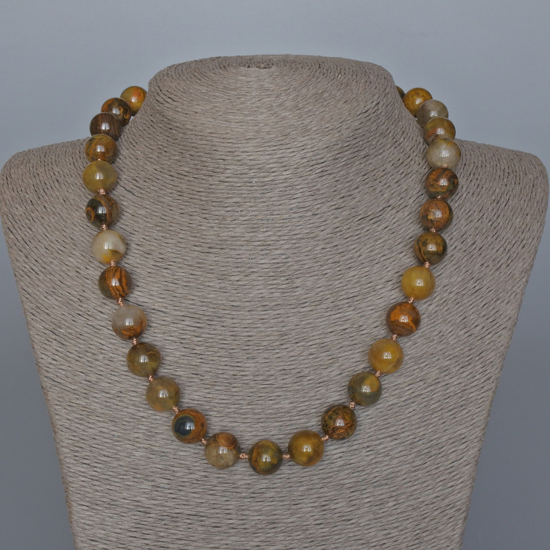 Yellow Petersite Necklace with Natural Stone, Smooth Beads, 12 mm Diameter, 48 cm Length