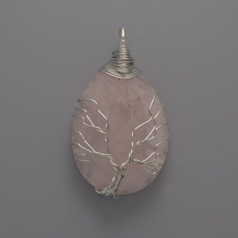 Pink Rose Quartz Pendant in Silver-Tone Wire-Wrapped Setting, diameter 46x26x10mm+