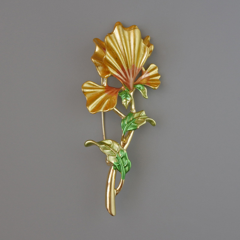 Iris Brooch with Yellow-Green Enamel, 78x34mm, Gold-Toned Metal