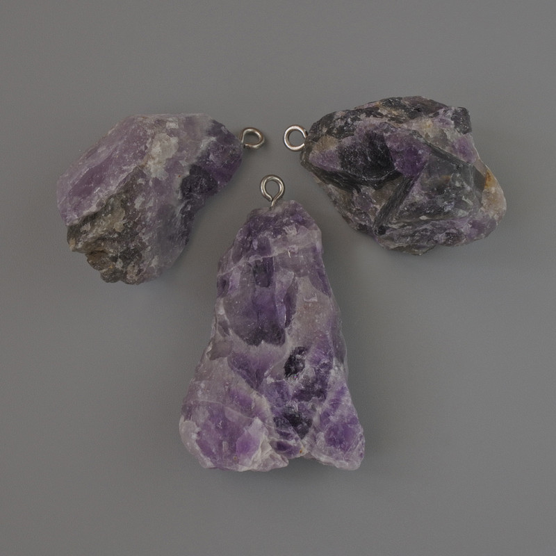 Amethyst pendant, natural unpolished stone, diameter 34x22 to 42x24 mm, assorted