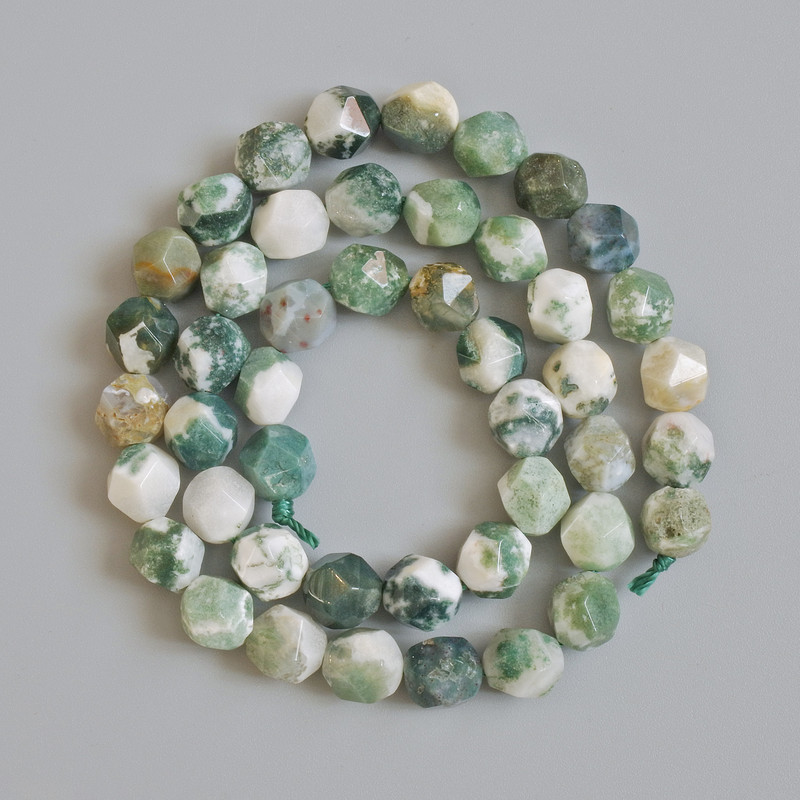 Moss Agate Beads, natural stone, faceted spheres, diameter 7.5 mm, length 37 cm on thread