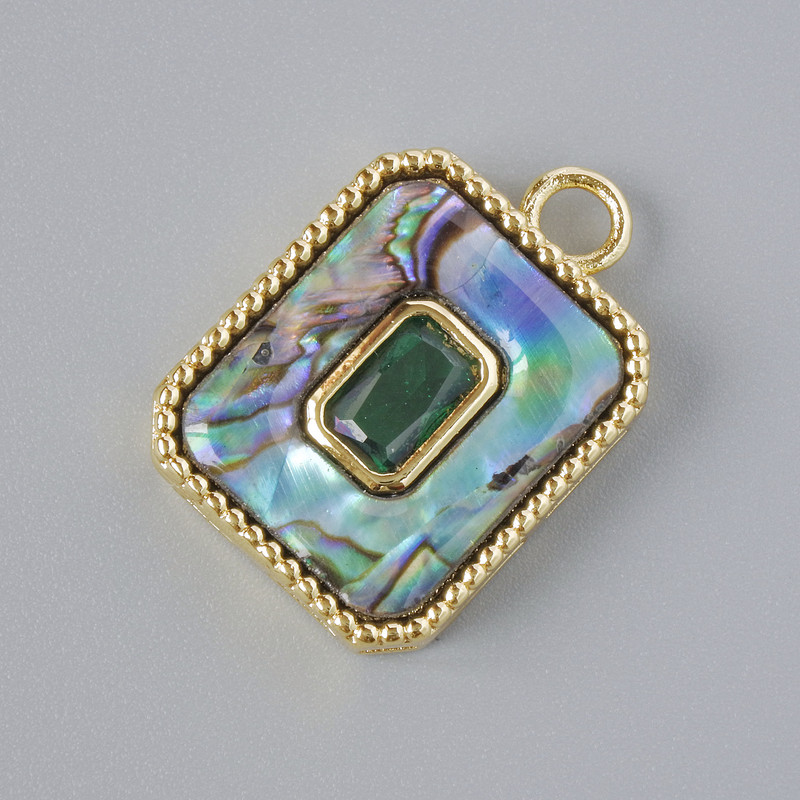 Abalone Pendant with Green Crystal, Gold-Tone Metal, 20×14 mm