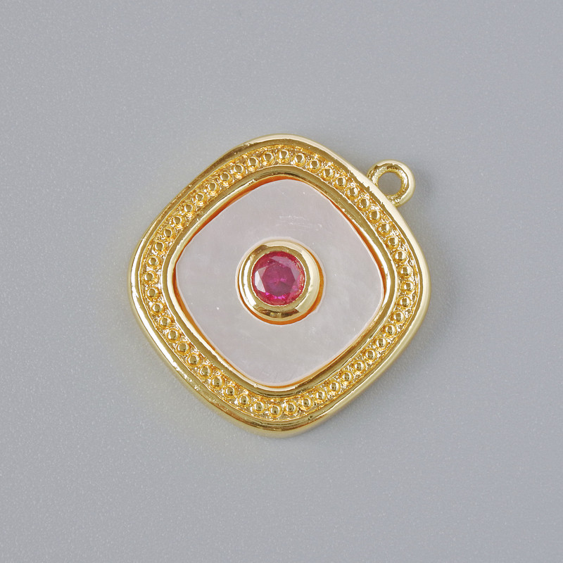 Pendant with mother-of-pearl and red crystal, gold-tone metal, diameter 17x15mm