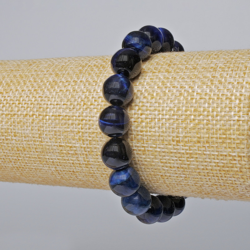 Blue Cat's Eye Bracelet - Natural Stone, Smooth Beads, Diameter 10.5 mm, Length 18 cm (Stretch)