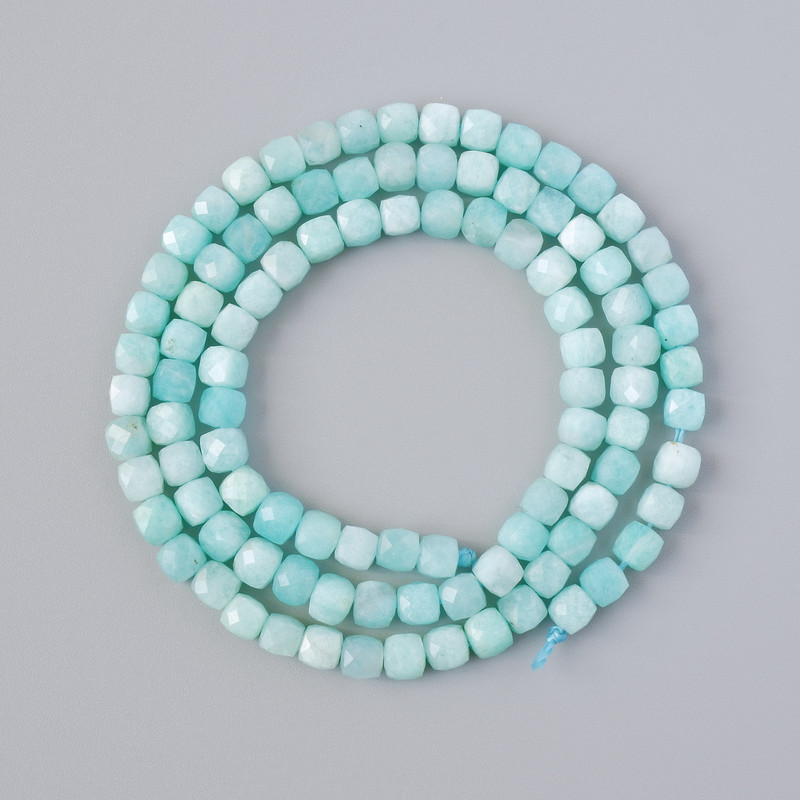Aquamarine beads, natural gemstone, faceted cube, 4mm diameter ±, 39cm length ± on thread