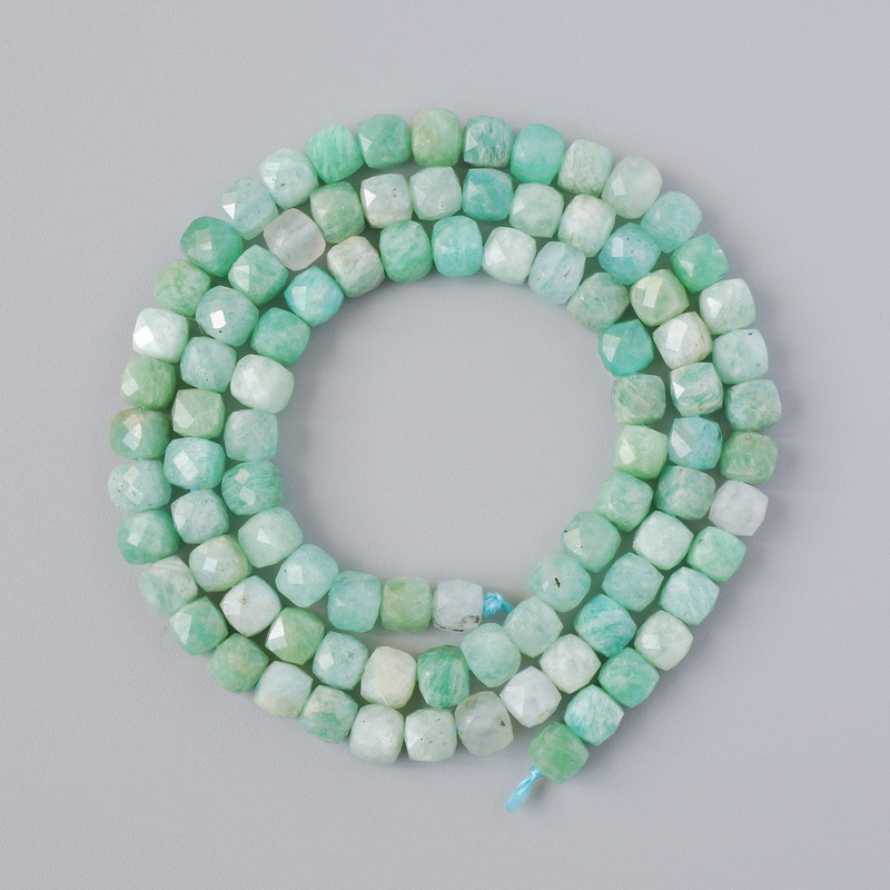 Amazonite Beads, Natural Stone, Faceted Cubes, 4 mm Diameter, 39 cm Length on Thread