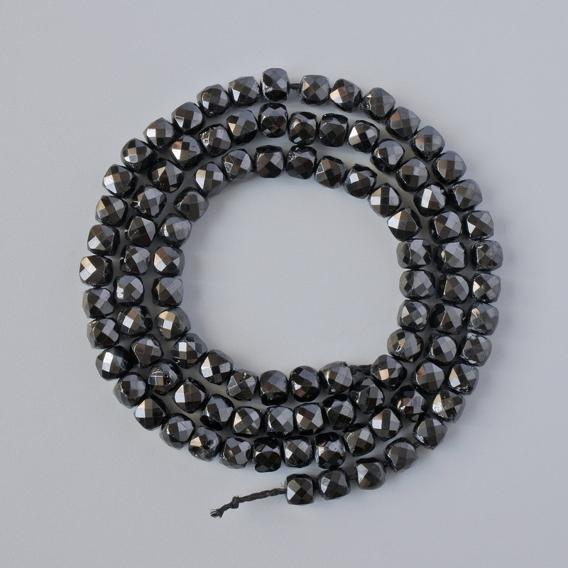 Beads of black tourmaline, natural stone, faceted cube, 4 mm diameter ±, 40 cm length ± on thread