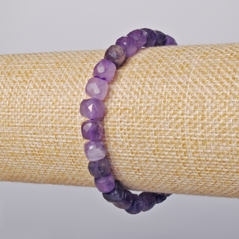 Amethyst bracelet, natural stone, faceted cube beads, 7 mm diameter, 18 cm length ± (stretch)
