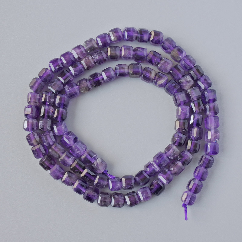 Amethyst Beads, Natural Stone, Faceted Cube, 4 mm Diameter ±, 38 cm Length ± on Thread