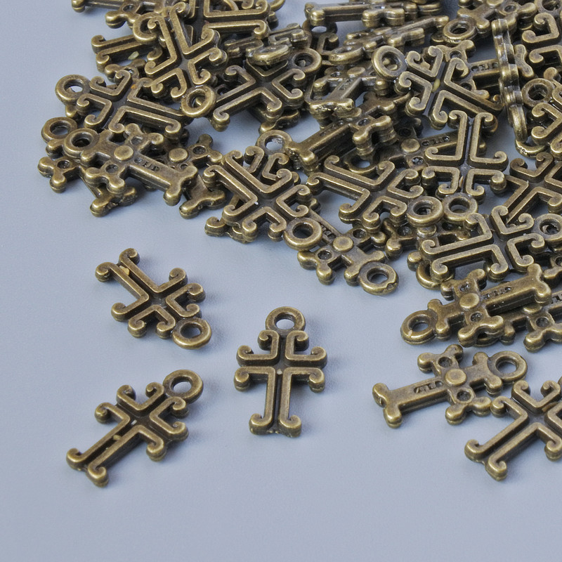Cross pendant findings, bronze-colored metal, 11×6 mm, hole diameter 1.3 mm, pack of 70 pcs ±