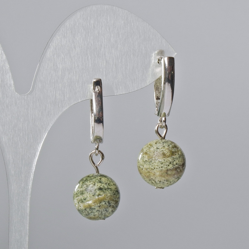 Serpentine earrings with natural stone, smooth bead, diameter 14mm ±, length 34mm ±, English clasp