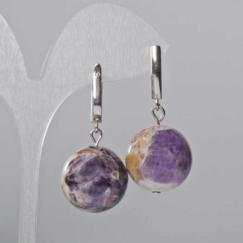 Amethyst Earrings with Natural Stone, Smooth Ball, 20 mm Diameter ±, 40 mm Length ±, English Clasp