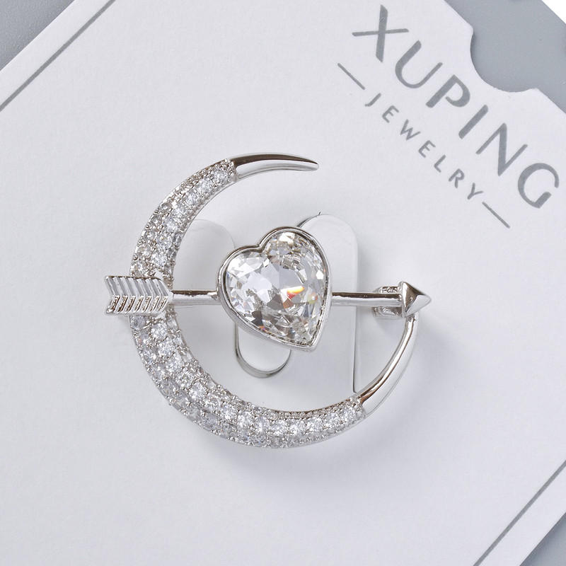 Brooch Xuping 'Heart' with white crystal and white rhinestones 24x27mm, silver metal