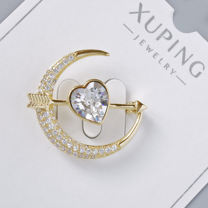 Brooch Xuping "Heart" with White Crystal and White Rhinestones, 24x27mm, Light-Gold Metal, Gold Plating