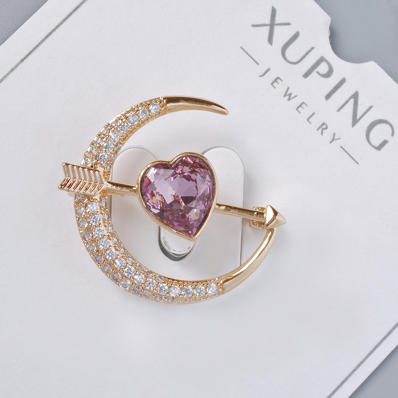 Brooch Xuping 'Heart' purple crystal and white rhinestones 24x27 mm, gold-toned metal, gold plating