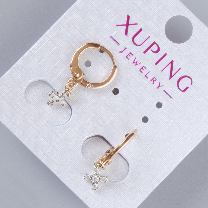 Earrings 'Cross' Xuping with white crystals, diameter 7.5×6 mm, length 23 mm, 18K plating