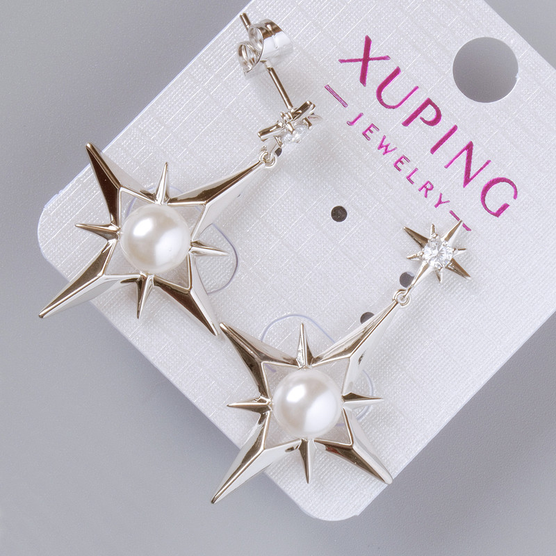 Star stud earrings Xuping with white crystal and bead, diameter 30×24.5 mm, length 39 mm, rhodium