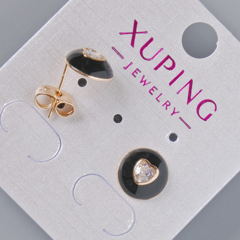 Heart Stud Earrings by Xuping with White Crystal and Black Enamel, 10 mm Diameter, 18K Gold Plating