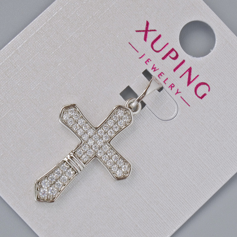 Pendant 'Cross' Xuping with white crystals, diameter 26×18 mm, length 32 mm, rhodium-plated