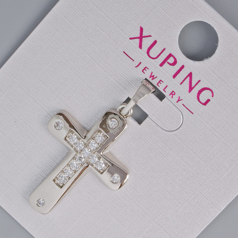 Pendant 'Cross' Xuping with white crystals, diameter 26×17.5 mm, length 31 mm, rhodium-plated