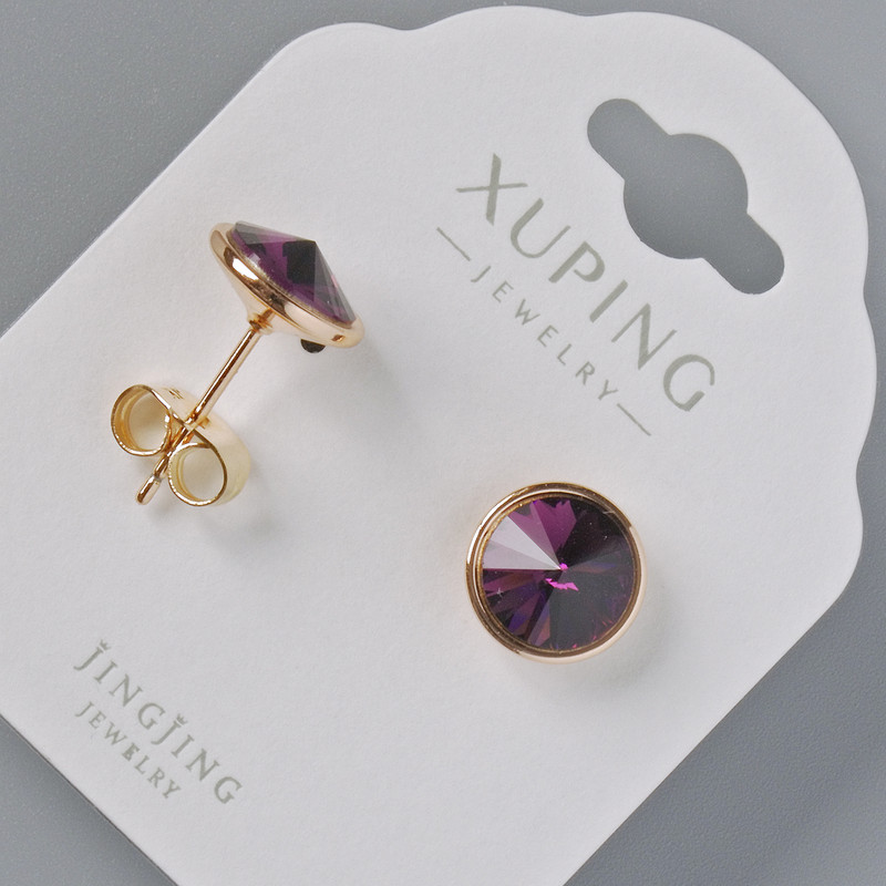 Xuping Stud Earrings with Swarovski Crystals burgundy color, 10 mm diameter, 18K Gold Plating