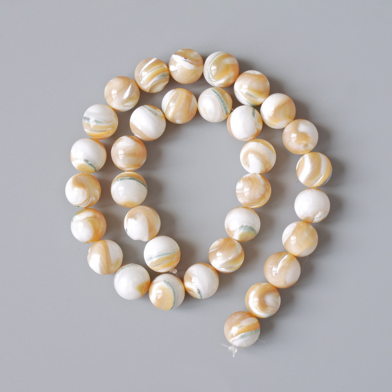 Beads Beige Natural Mother-of-Pearl Smooth Bead, 12 mm Diameter, 39 cm Length, On Thread