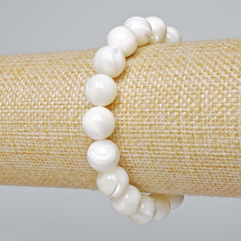 Bracelet made of natural mother-of-pearl, smooth bead, 10 mm diameter, 18 cm length ± (stretch)