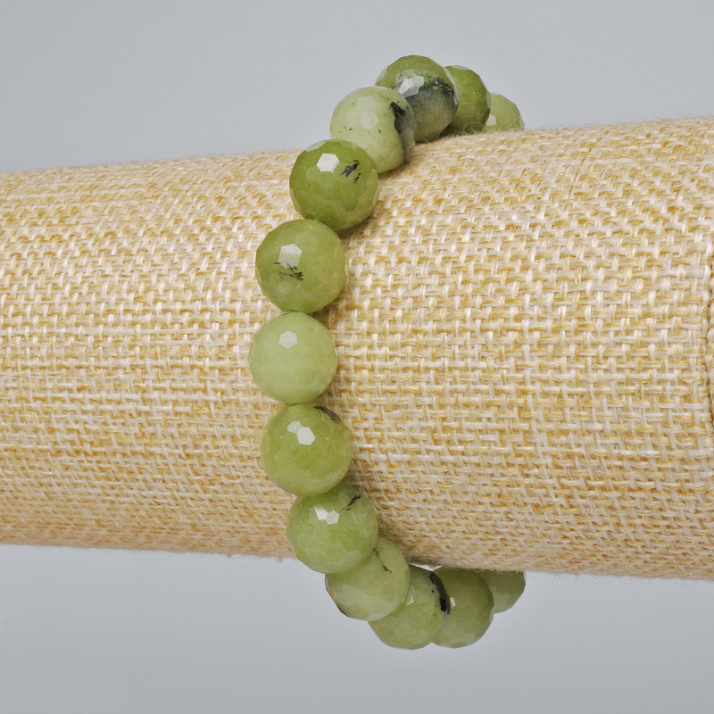 Bracelet made from Canadian jadeite, natural stone, faceted beads, 10 mm diameter, 18 cm length ± (stretch)
