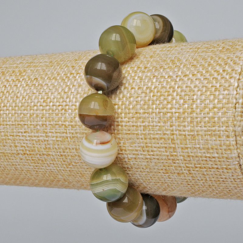 Green Agate Bracelet with Natural Stone, Smooth Beads, 12 mm Diameter, 18 cm Length (Stretch)