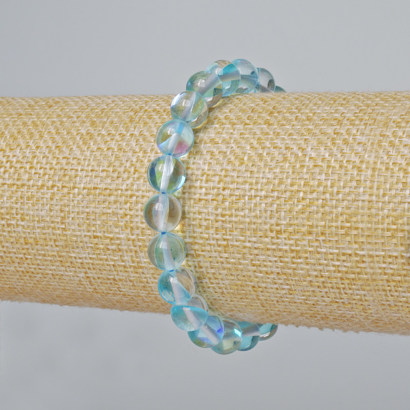 Opal Glass Bracelet with Smooth Bead, Blue Transparent Chameleon Color, Diameter 8mm+-, Length 18cm+- (Stretch)