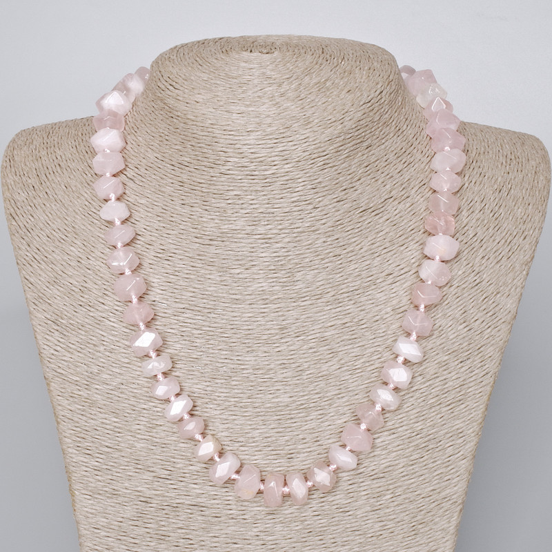 Pink Quartz Necklace, natural gemstone, faceted rondelle beads, diameter 10x7 mm, length 45–47 cm ±