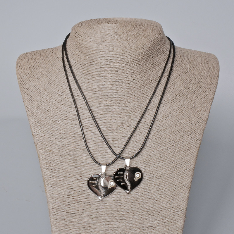 Pair of Heart Pendants with Black Enamel, Silver-Colored Metal and White Crystal 27x28 mm +/-, Length 45-50 cm+