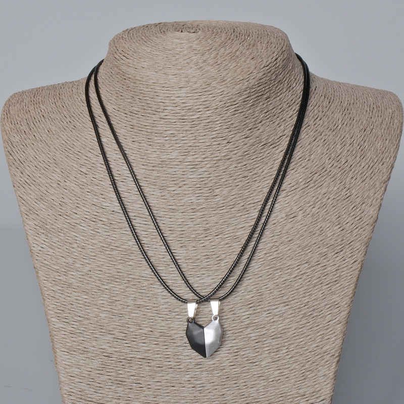 Paired Pendants 'Heart' on a Magnet, black and gray matte enamel 20.5×17.5 mm + -, length 45-50 cm+