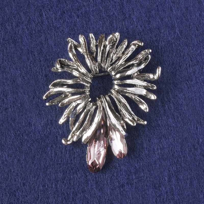 Accent brooch-pendant with pink crystals, silver-colored metal 42x37mm+