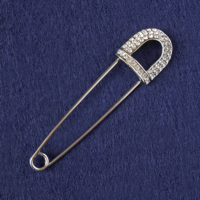 Brooch pin with white rhinestones, silver-toned metal 80x20mm+