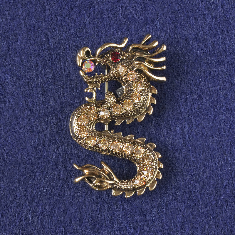 Dragon Brooch-Pendant with Yellow Crystals, Gold-Toned Metal 40x23 mm +