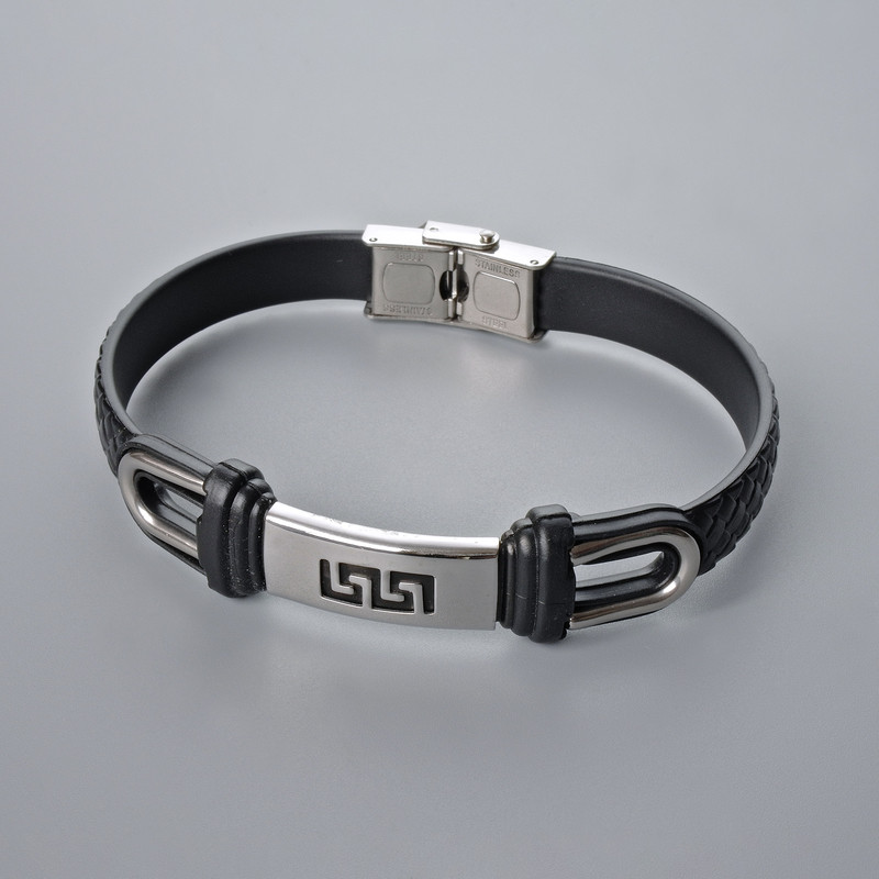 Men's bracelet with metal inserts, length 21 cm, thickness 10.5 mm, insert thickness 11 mm, black eco-leather