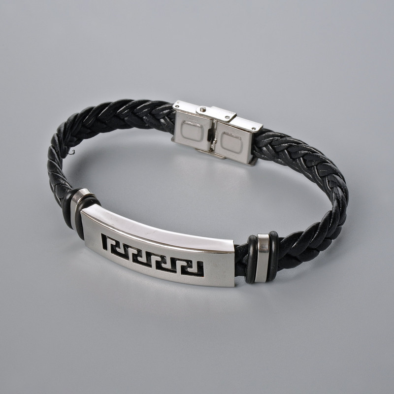 Men's bracelet with metal inlays, length 21 cm, thickness 9.5 mm (+/-), insert thickness 11 mm, black eco-leather