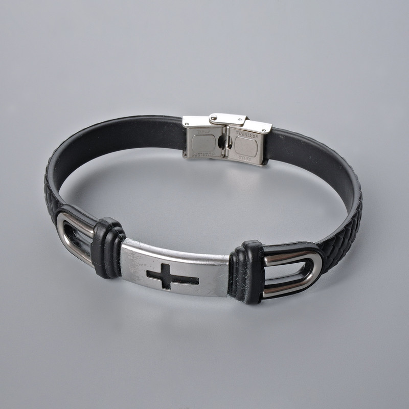 Men's bracelet with metal inserts, length 21 cm, thickness 10.5 mm, insert thickness 11 mm, black eco-leather