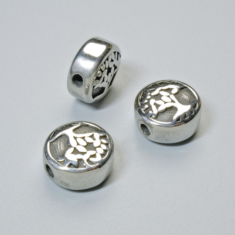 Bead-insert fitting 'Tree', diameter 10x5 mm, 5 mm ±, hole diameter 1.7 mm, silver-tone metal, 1 pc