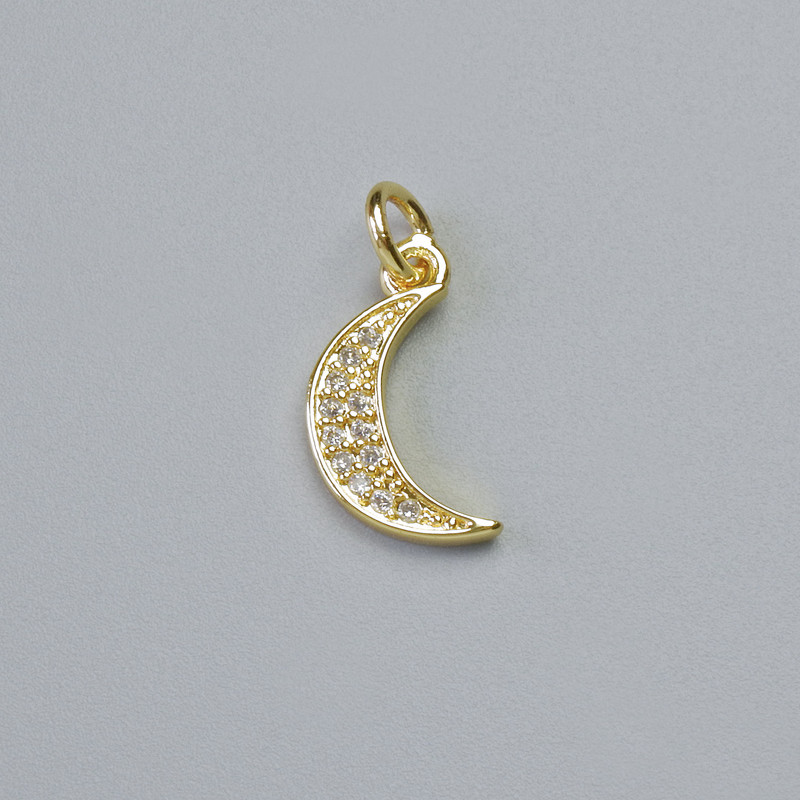 Pendant "Moon" with white crystals, golden metal, diameter 14.5×8 mm, length 17 mm+