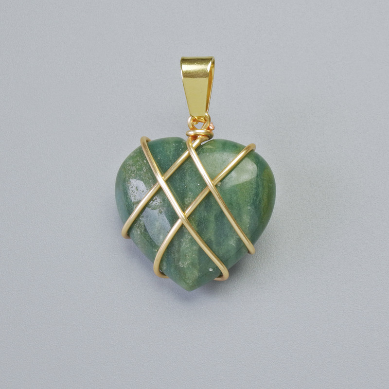 Pendant "Heart" Moss Agate in golden wire wrap, diameter 20×20 mm, length 30 mm