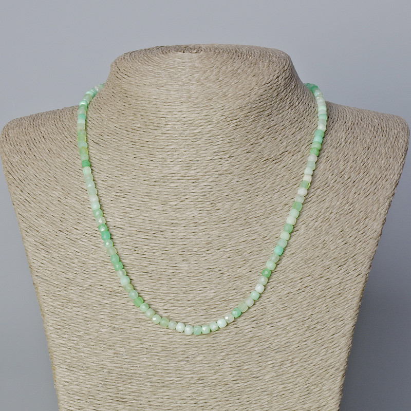 Chrysoprase Necklace with Natural Stone, Faceted Cube Beads, 4 mm Diameter, Length 45–48 cm