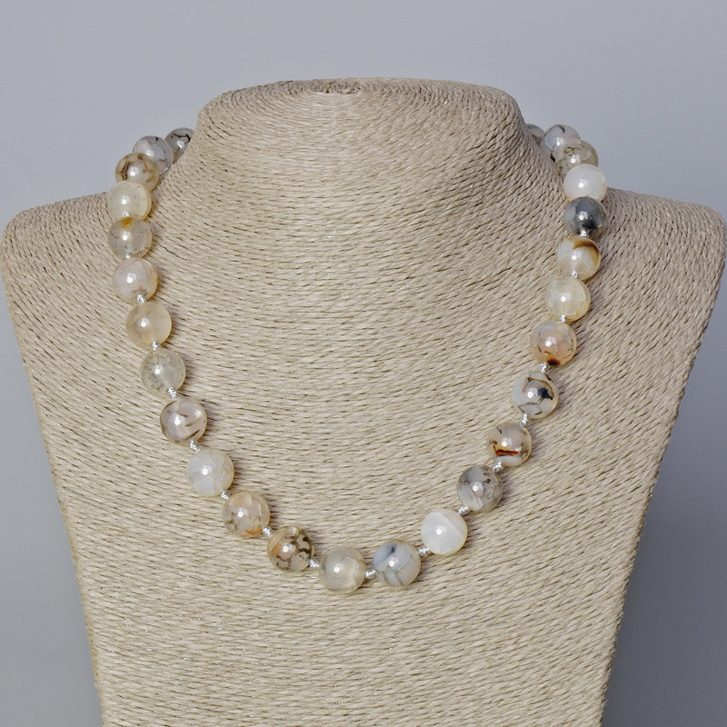 Dragon Vein Agate Necklace with Smooth Beads, 12 mm Diameter, 45–48 cm Long