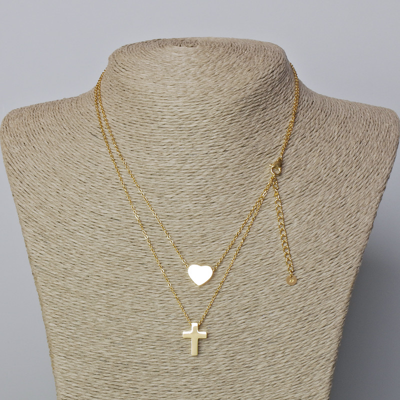 Xuping Chain Lemon Gold Plating, 1.4 mm thick with pendant "Heart and Cross", diameter 10×12 mm, 15×11 mm+-, length 39-44 cm+-